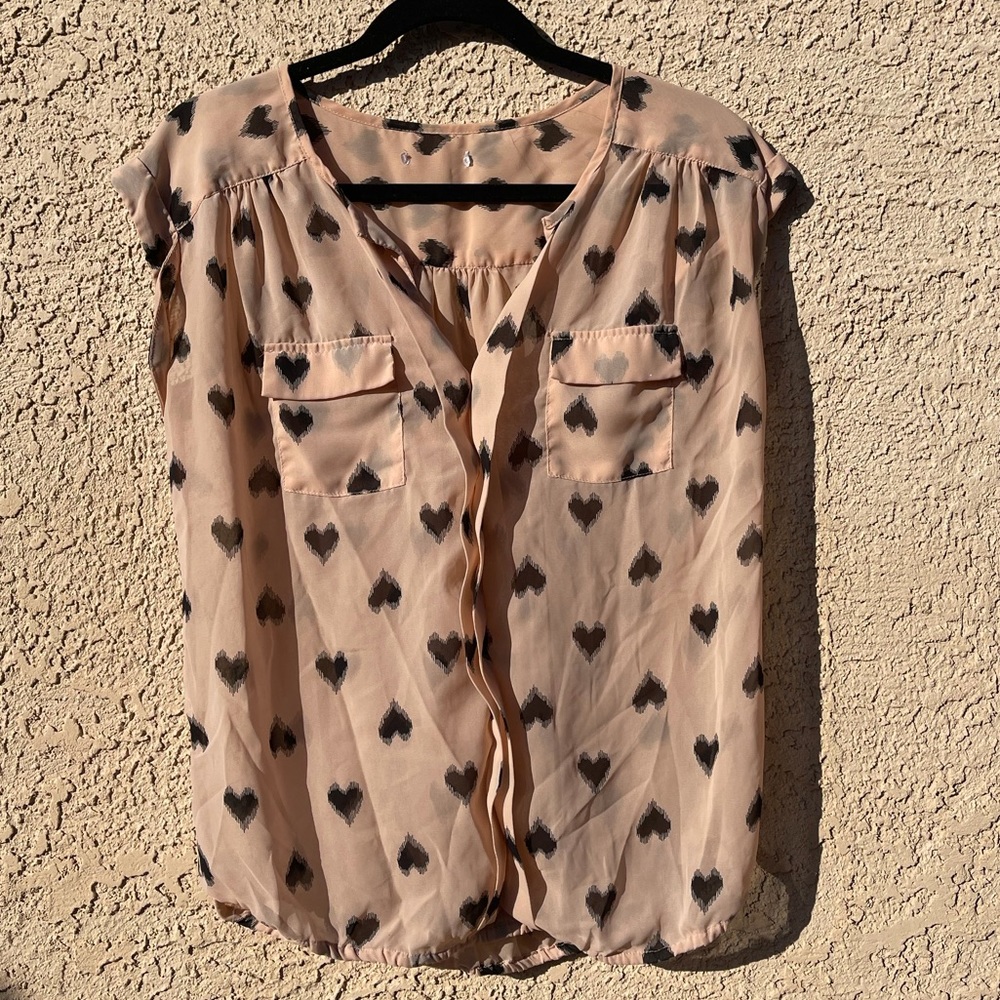 Black Heart Patterned Blush Blouse w/ pockets